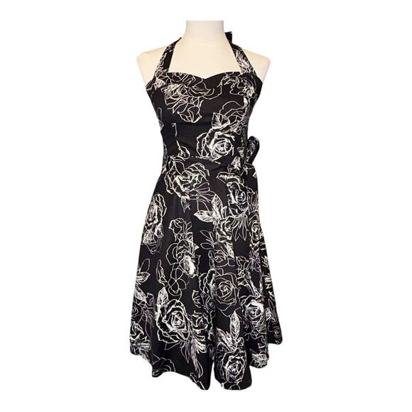 Women’s 50’s Black and White Floral Halter Retro 50’s Pin Up Dress Size Small - Picture 1 of 11